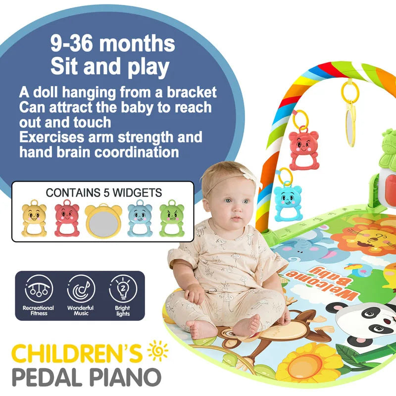 Baby Music Activity Play Mat – Newborn Gym Rug with Piano Pedals & Hanging Toys