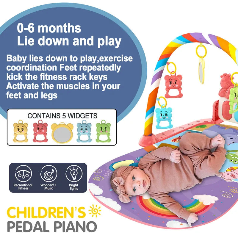 Baby Music Activity Play Mat – Newborn Gym Rug with Piano Pedals & Hanging Toys